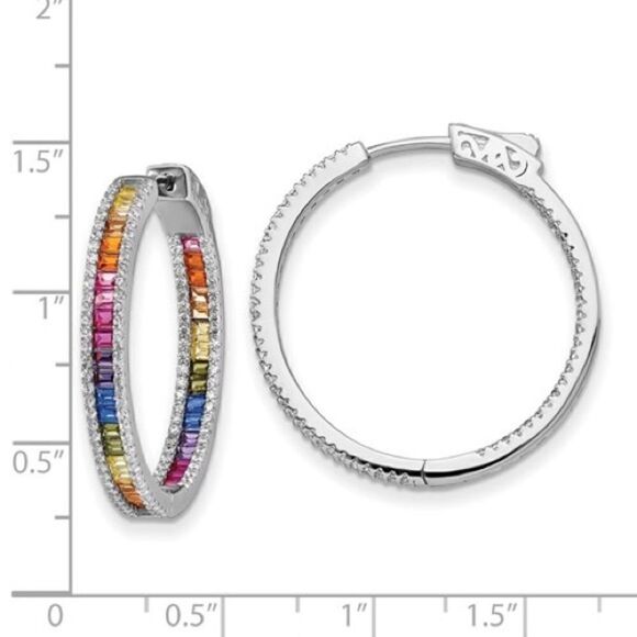 New Prizma Sterling Silver White and Colorful CZ In and Out Hinged Hoop Earrings - Picture 3 of 4